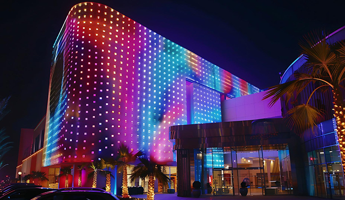 Facade lighting design highlighting modern building exterior with LED illumination in UAE