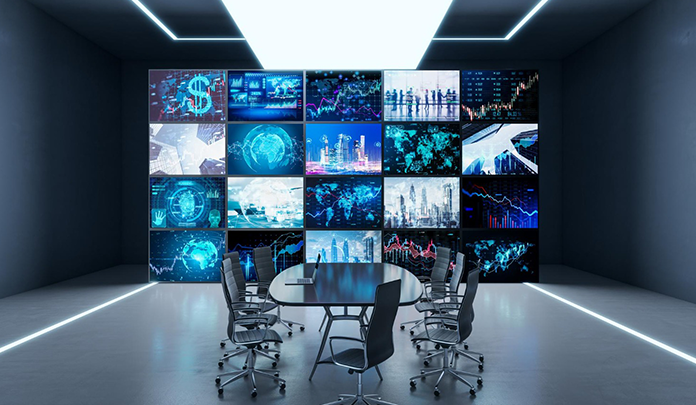 LCD video wall display showing multiple high-resolution screens for digital signage and advertising installation in UAE