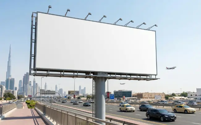 Blank billboard advertising board beside a busy Abu Dhabi highway with city skyline and moving traffic.