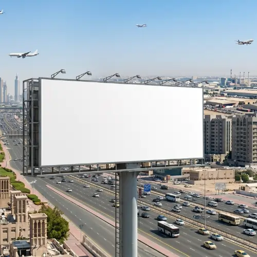 Large blank billboard advertising board near Abu Dhabi highway with traffic, buildings, and airplanes in the sky.