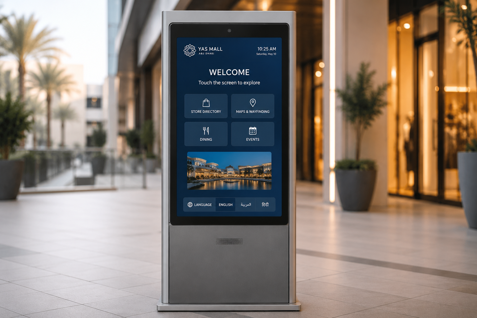 Side view of a self service touch screen kiosk showing weatherproof enclosure and build