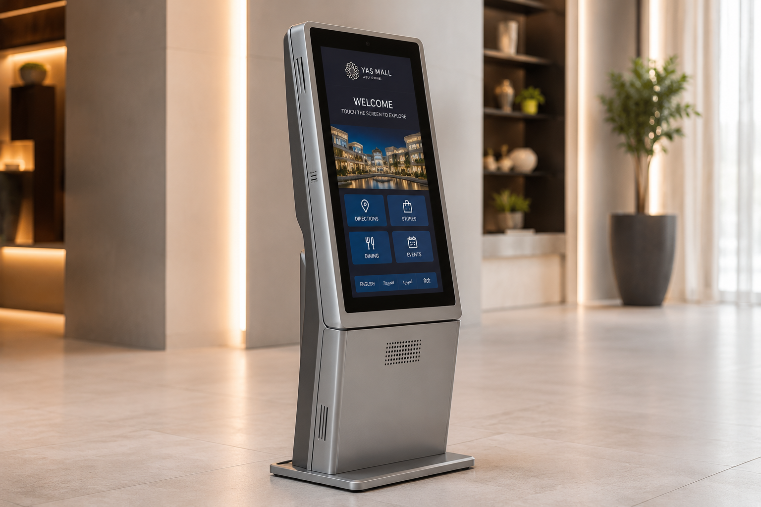 Side view of a self service touch screen kiosk showing weatherproof enclosure and build
