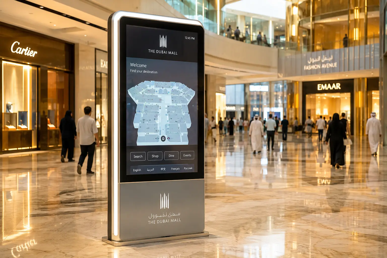 Self service touch screen kiosk in a UAE mall lobby used for wayfinding and payments