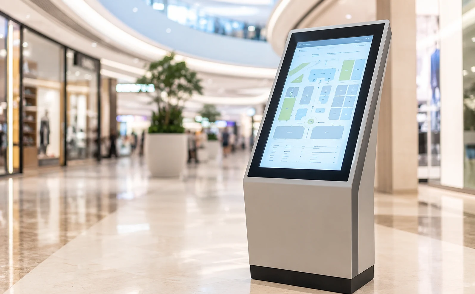 Touch screen kiosk in a UAE shopping mall corridor with wayfinding display