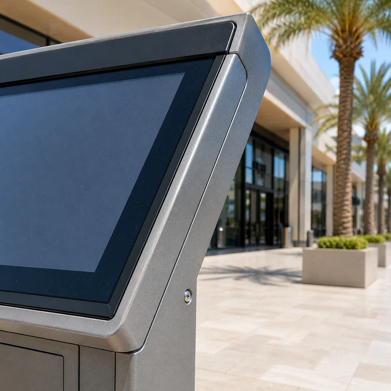 Close-up of a weatherproof touch screen kiosk casing with sealed outdoor-rated enclosure