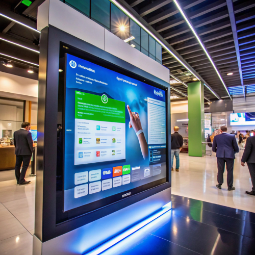 A large interactive digital kiosk designed by expert signboard makers displayed in a modern indoor hall.