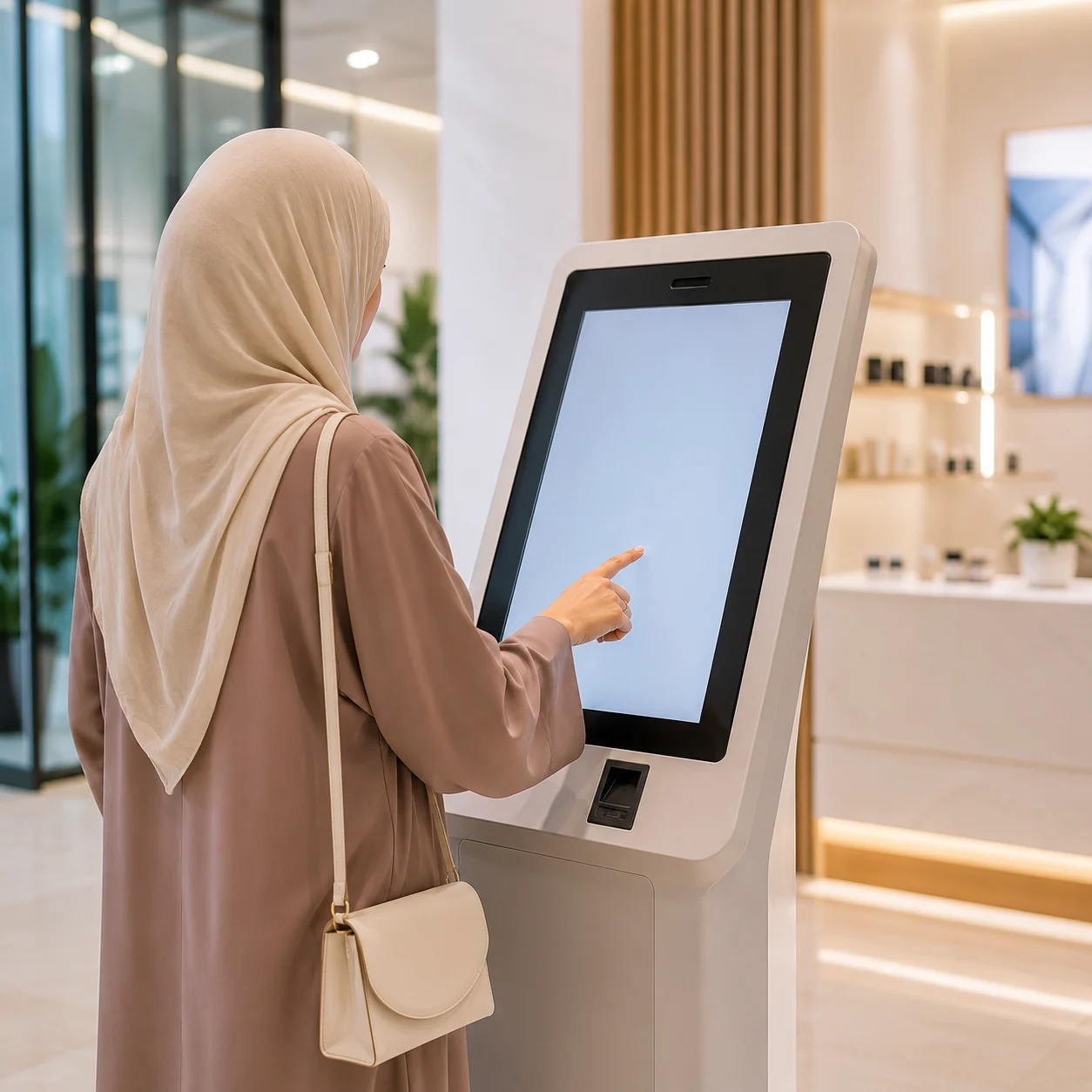 Customer using a self-service touch screen kiosk in a retail store