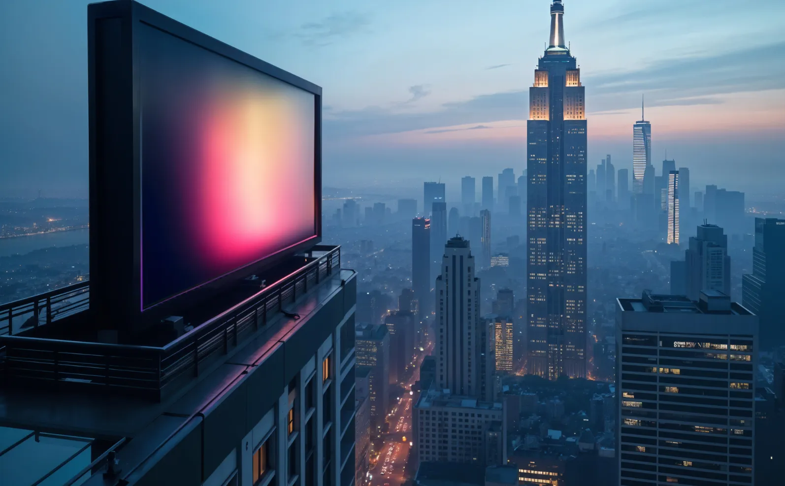 Advertising display company installing a large outdoor LED digital billboard on a rooftop overlooking a modern city skyline.
