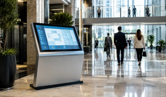 Modern corporate lobby featuring an interactive directory display supplied by a touchscreen kiosk supplier.