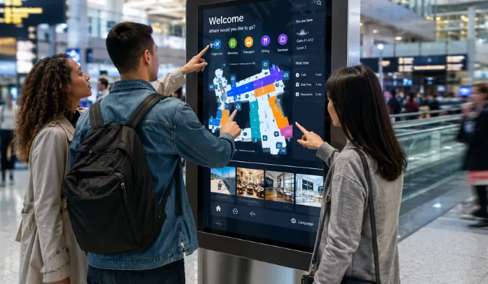Three people using a large interactive multi-touch display in an airport, demonstrating advanced public technology solutions from a touchscreen kiosk supplier.