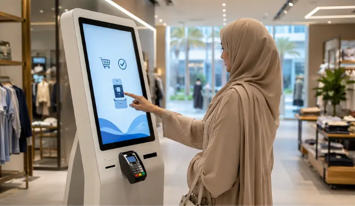 Customer using a self-service payment unit from a touchscreen kiosk supplier inside a modern UAE retail store.