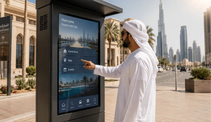 A person using a rugged outdoor digital display with a sun-hood and weatherproof enclosure, showcasing durable technology from a touchscreen kiosk supplier.