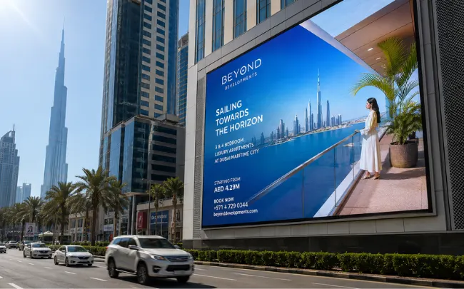 Large high-brightness LED advertising display mounted on a Dubai building, remaining vivid and readable under intense afternoon sunlight.