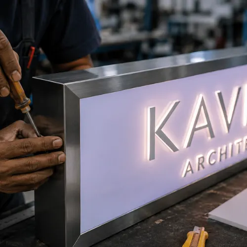 Comparison of weathered and premium illuminated signages in Dubai on a modern storefront, showing the effects of sun exposure and material quality.