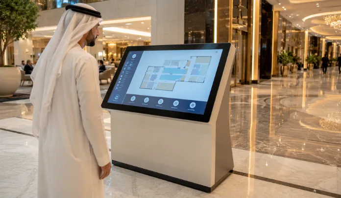 Luxury shopping mall visitor using an interactive wayfinding display from a touchscreen kiosk supplier in the UAE.