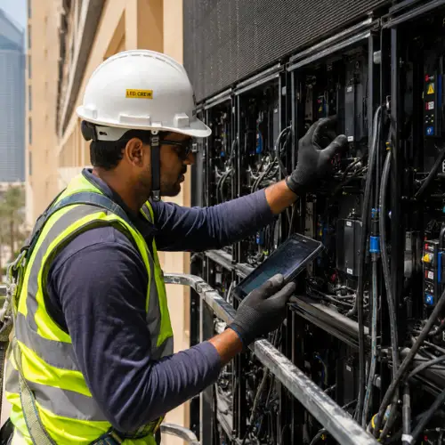 Outdoor LED screen supplier in Dubai technician inspecting cable connections and wiring on the back of a large outdoor LED display in a UAE setting.