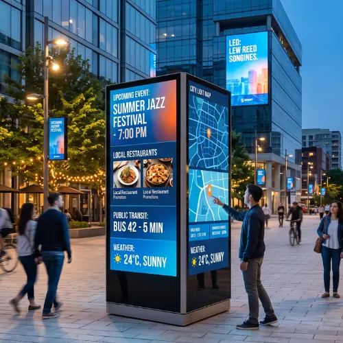 Digital signage UAE displaying event, restaurant, transit, map, and weather information in a modern city area.