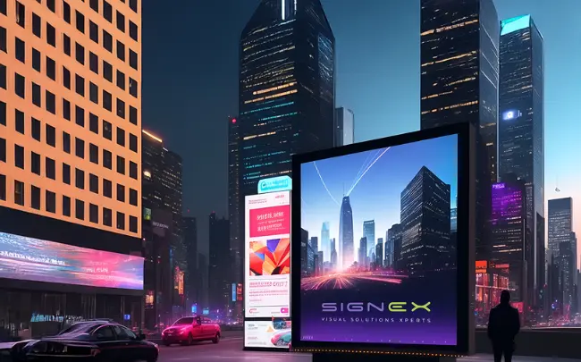 Digital signage UAE featuring a large illuminated advertising display in a modern cityscape at night, surrounded by skyscrapers and illuminated streets.
