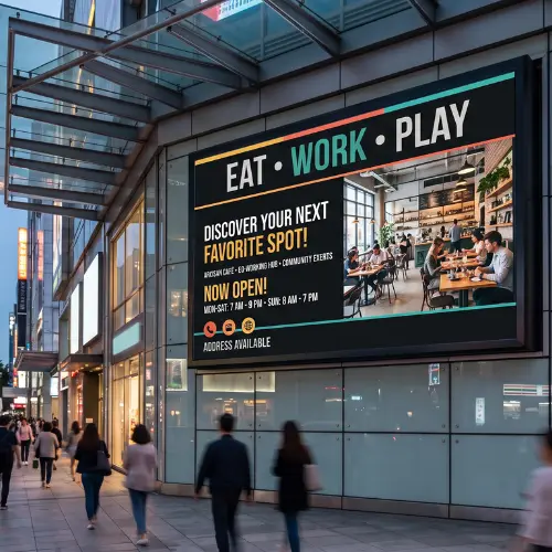 Digital signage UAE displayed on a large outdoor screen in a modern commercial building with pedestrians walking nearby.